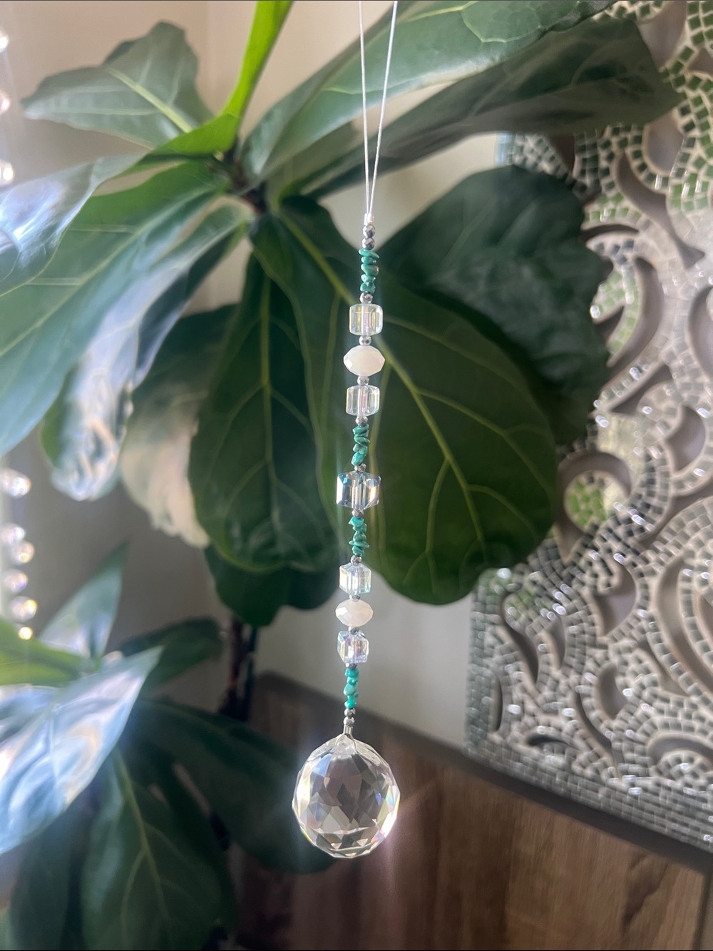 Turquoise Beaded Crystal Suncatcher with Clear Faceted Pendant
